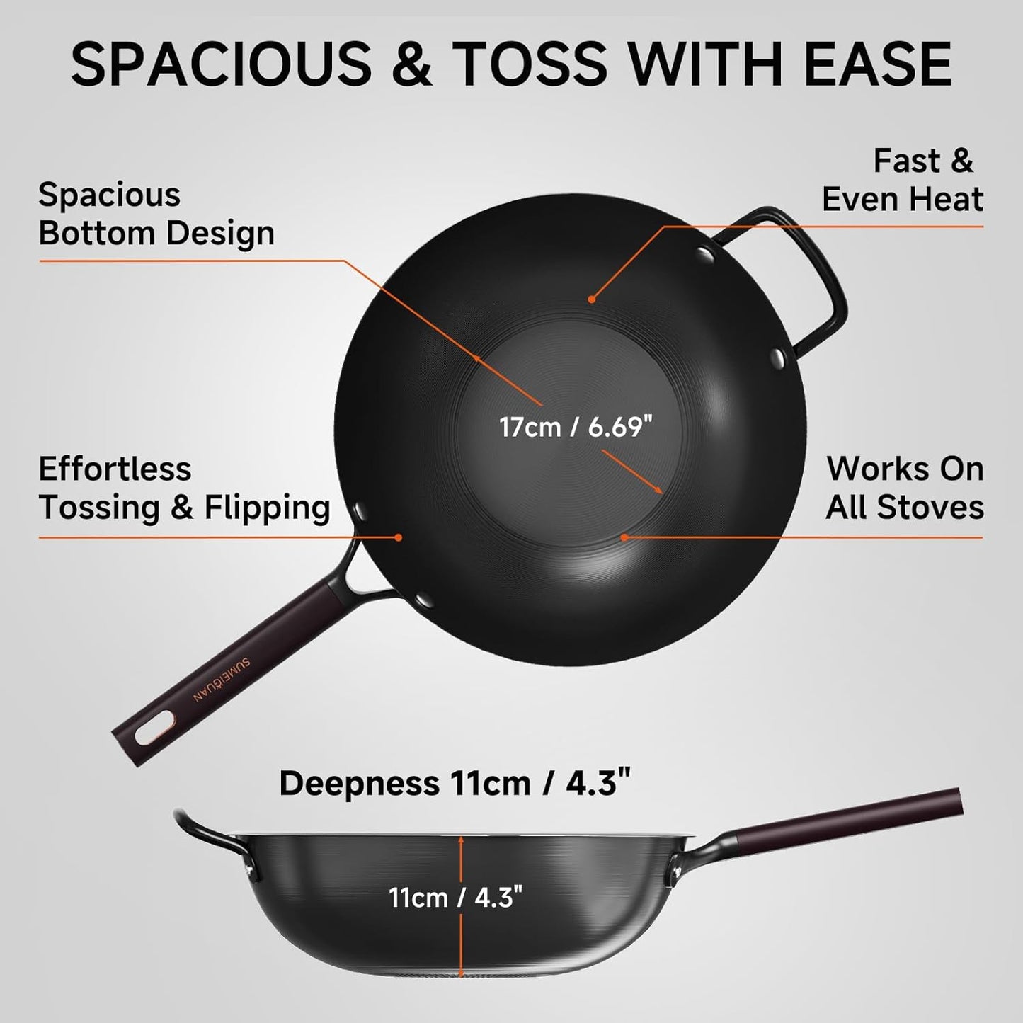 13.5" Carbon Steel Wok Pan - Pre-Seasoned Flat Bottom Woks & Stir-Fry Pans Chinese Cookware with Lid & Spatula - for Pan-Fry,Stir Fry, Steam, BBQ & Camping - Compatible with Induction, Gas