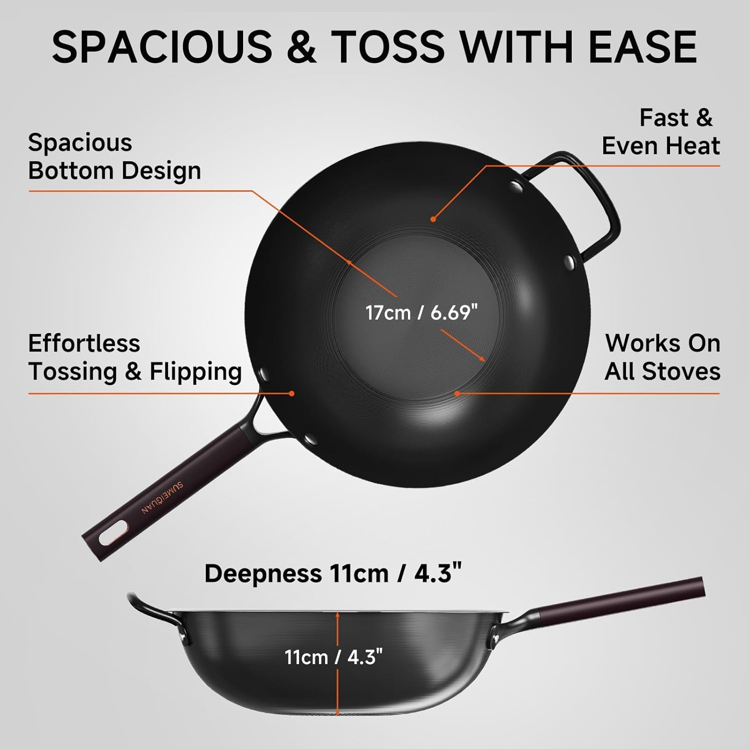 13.5" Carbon Steel Wok Pan - Pre-Seasoned Flat Bottom Woks & Stir-Fry Pans Chinese Cookware with Lid & Spatula - for Pan-Fry,Stir Fry, Steam, BBQ & Camping - Compatible with Induction, Gas