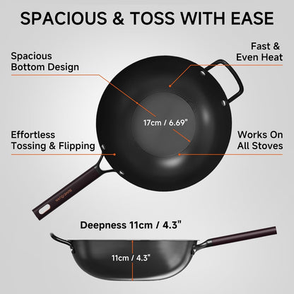 13.5" Carbon Steel Wok Pan - Pre-Seasoned Flat Bottom Woks & Stir-Fry Pans Chinese Cookware with Lid & Spatula - for Pan-Fry,Stir Fry, Steam, BBQ & Camping - Compatible with Induction, Gas