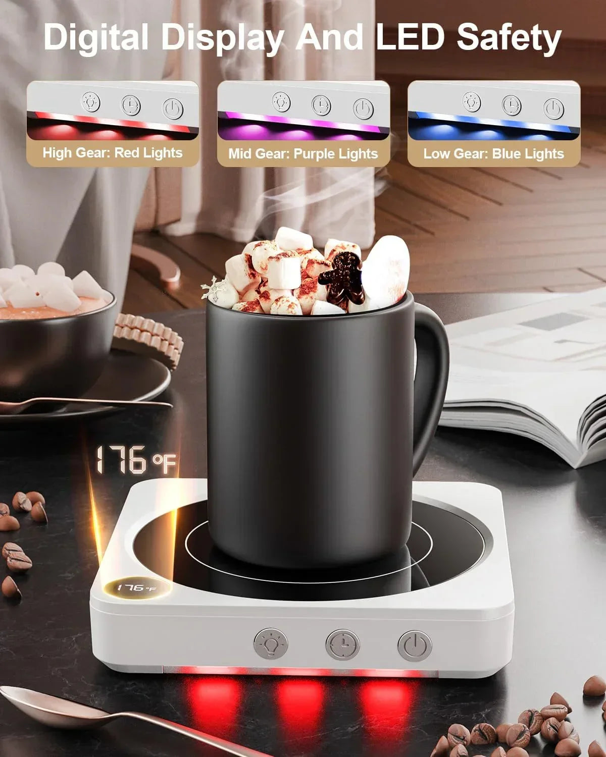 Smart mug warmer with digital display, LED safety lights, and temperature control for hot drinks like cocoa with marshmallows