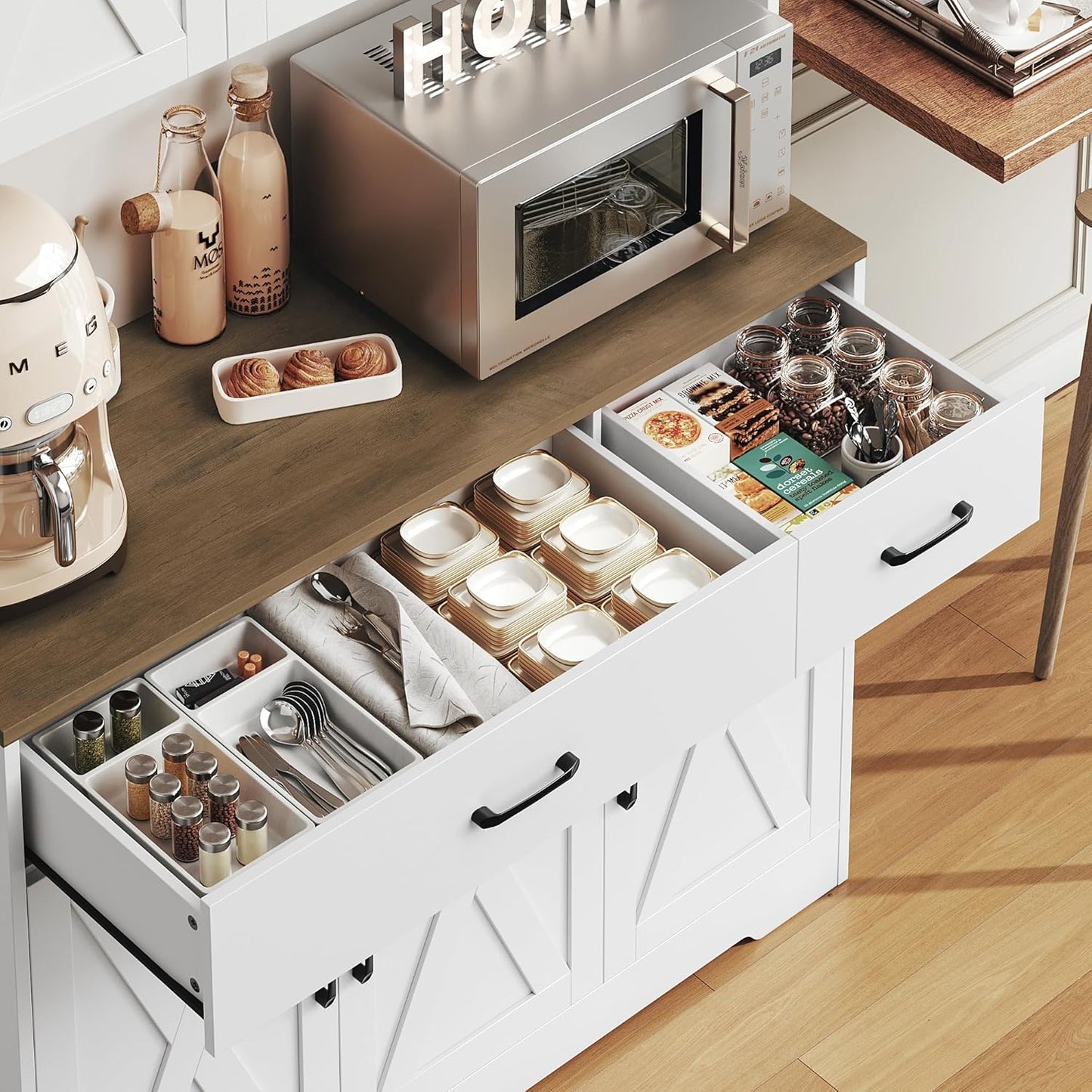 71" Pantry Cabinet with Charging Station, Tall Kitchen Pantry Storage Cabinet with Microwave Stand, Farmhouse Kitchen Hutch with Storage Drawers for Living Room, Dining Room, White