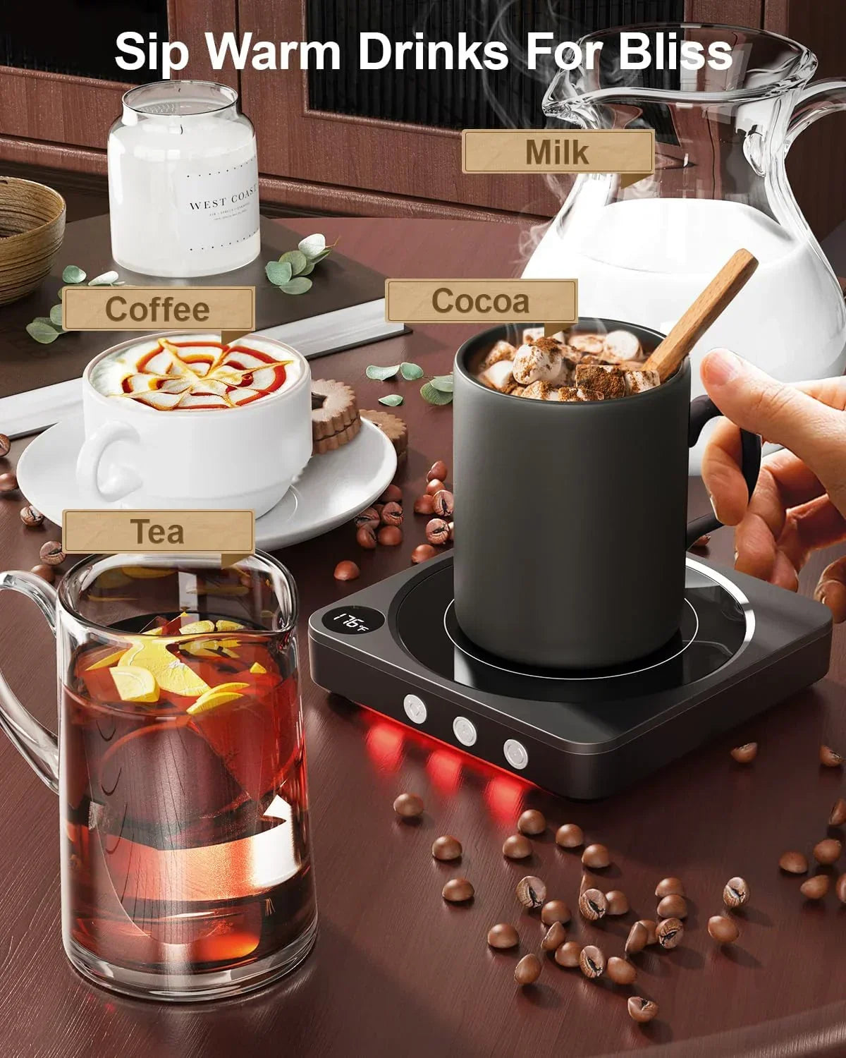 Electric mug warmer with coffee, cocoa, tea, and milk on kitchen table for cozy drinks