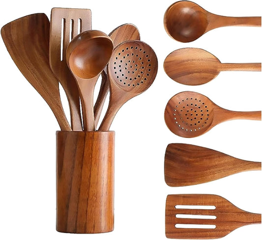 6 PCS Wooden Cooking Utensils Set, Wooden Spoons for Cooking, with Utensils Holder, Comfort Grip, Ideal for Nonstick Cookware