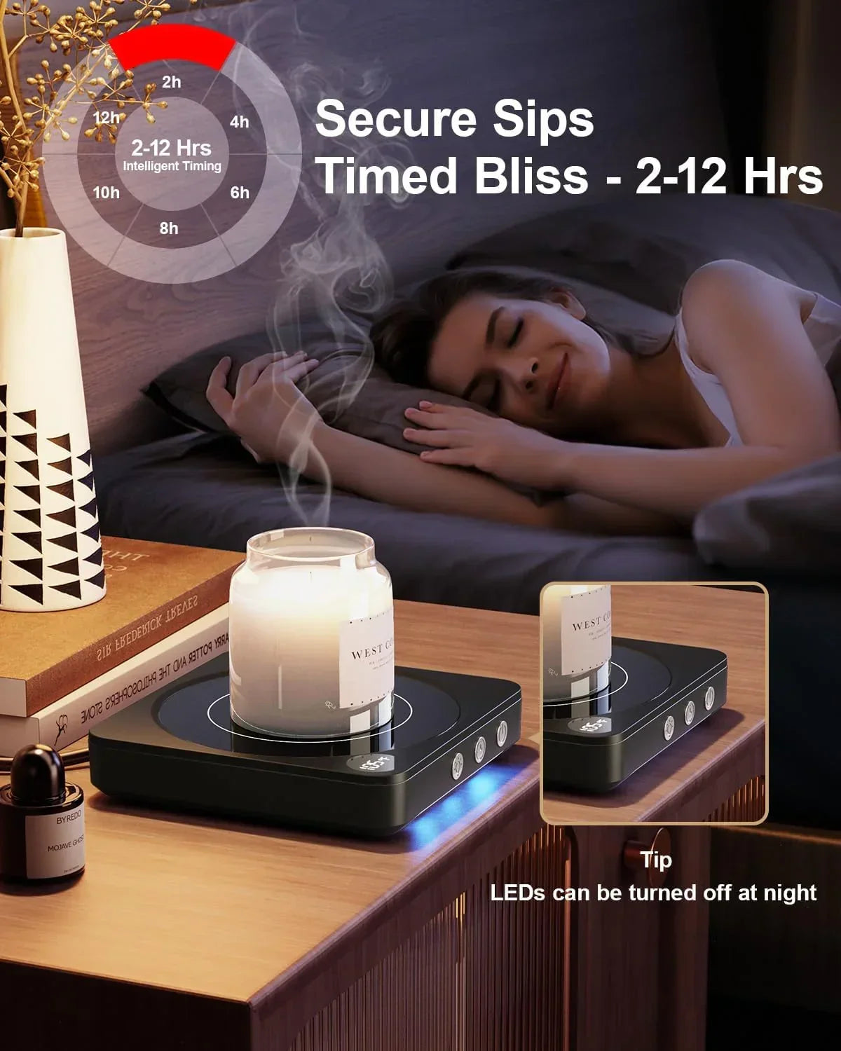Smart candle warmer with timed settings for cozy bedroom ambiance and safe night use