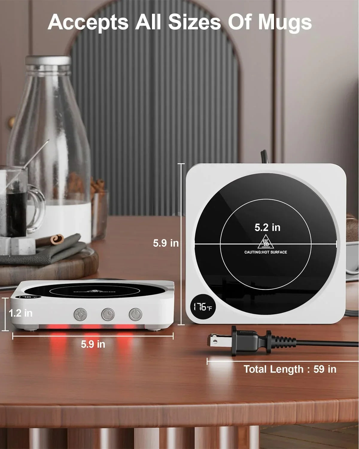 Compact electric mug warmer with digital temp display, fits all mug sizes, 5.9-inch design for kitchen countertops