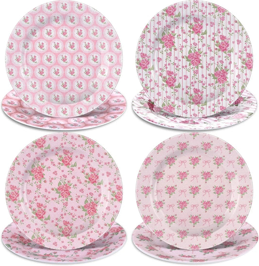 8 Pcs Vintage Floral Salad Plates 8 Inches Spring Dessert Plates Pink Flower Dishes Dinnerware Set for Spring Birthday Party Gift Appetizer
