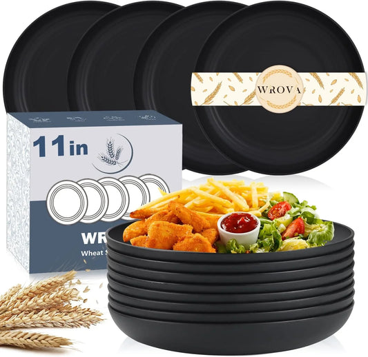 Large Wheat Straw Dinner Plates - 11 Inch Unbreakable Set of 8 - Dishwasher & Microwave Safe, Deep Edge for Kitchen and Camping (Black)