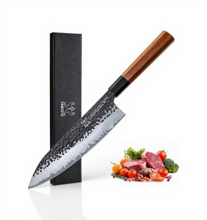 Japanese chef knife with wooden handle, black gift box, and assorted fresh meat and vegetables