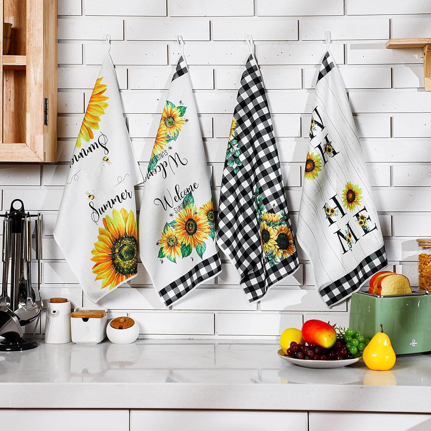 4 Pcs Sunflower Kitchen Towels Spring Summer Gifts Sunflower Floral Hand Dish Towels Absorbent Sunshine Yellow Grid Fast Drying Decor Housewarming Gift for Cooking Bathroom Kitchen Decor