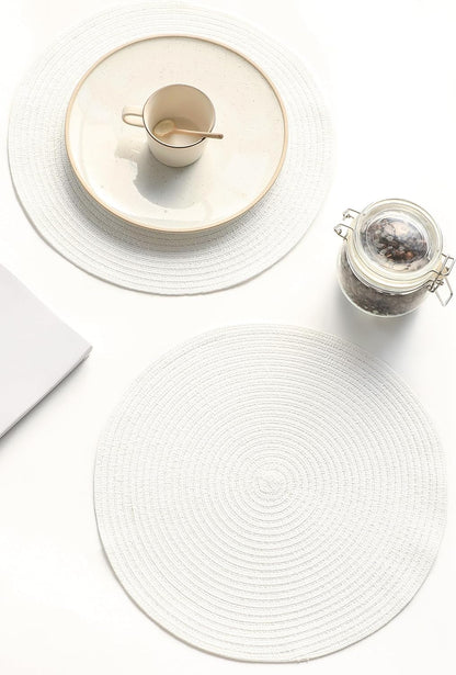 15 Inch round Braided Placemats Set of 4, Washable Heat Resistant Cotton Polyester Circle Place Mats for Kitchen Dining Table - White