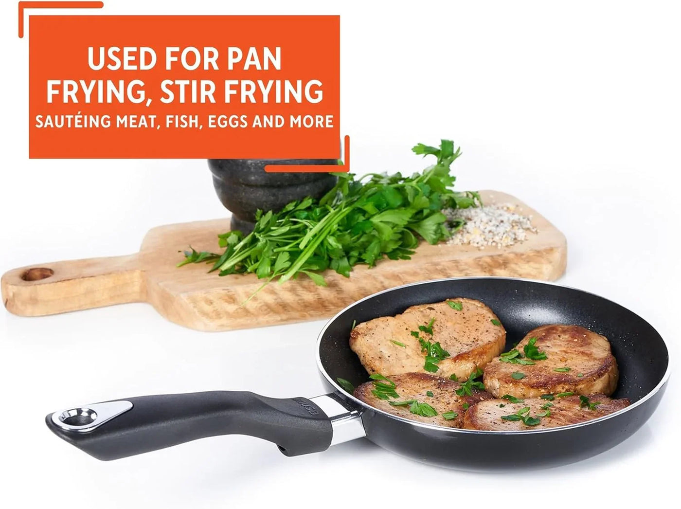 8In Bistro Aluminum Nonstick Fry Pan with Cool Touch Handle, Small Skillet for Eggs, Omelets, Sauteing, and Everyday Cooking, Black
