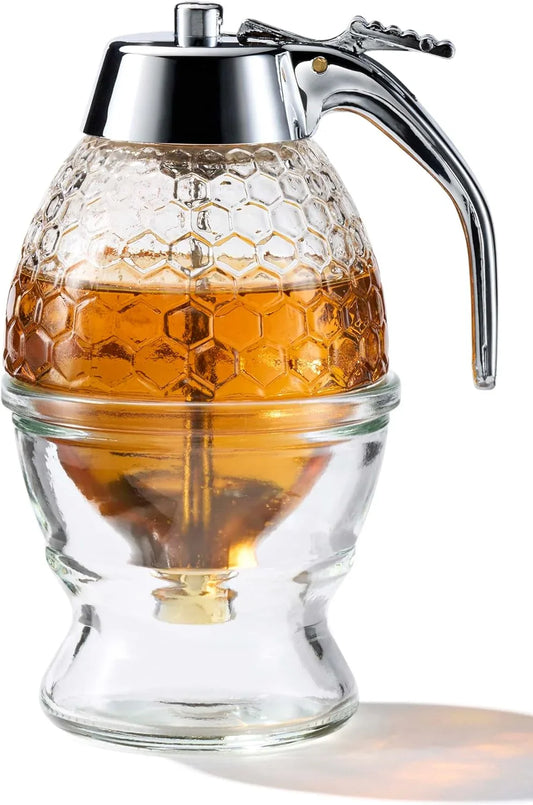 Stainless Steel Shaft, Glass Honey Dispenser, Sleek Silver ABS Lid – No Drip Glass with Stand – 8 Oz Honey Jar – Honeycomb Design Container – Honey Pot for Honey, Maple Syrup