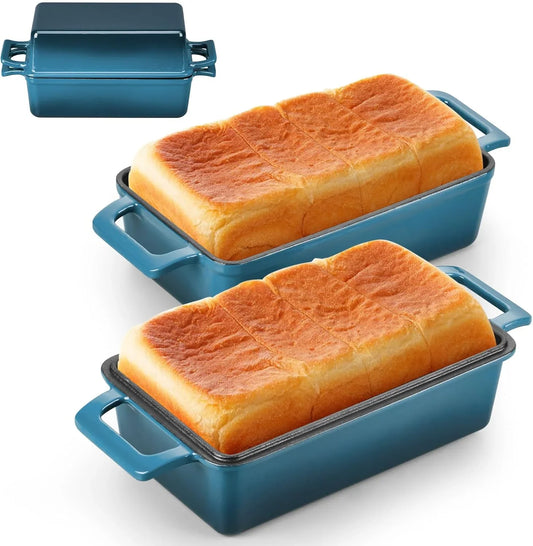 2 Pack Cast Iron Bread Pan with Lid, 2-In-1 Enameled Cast Iron Loaf Pan, 9 X 5 Inch Homemade Sourdough Bread Dutch Oven for Baking Pound Cake, Lasagna, up to 500℉ & Blackish Green