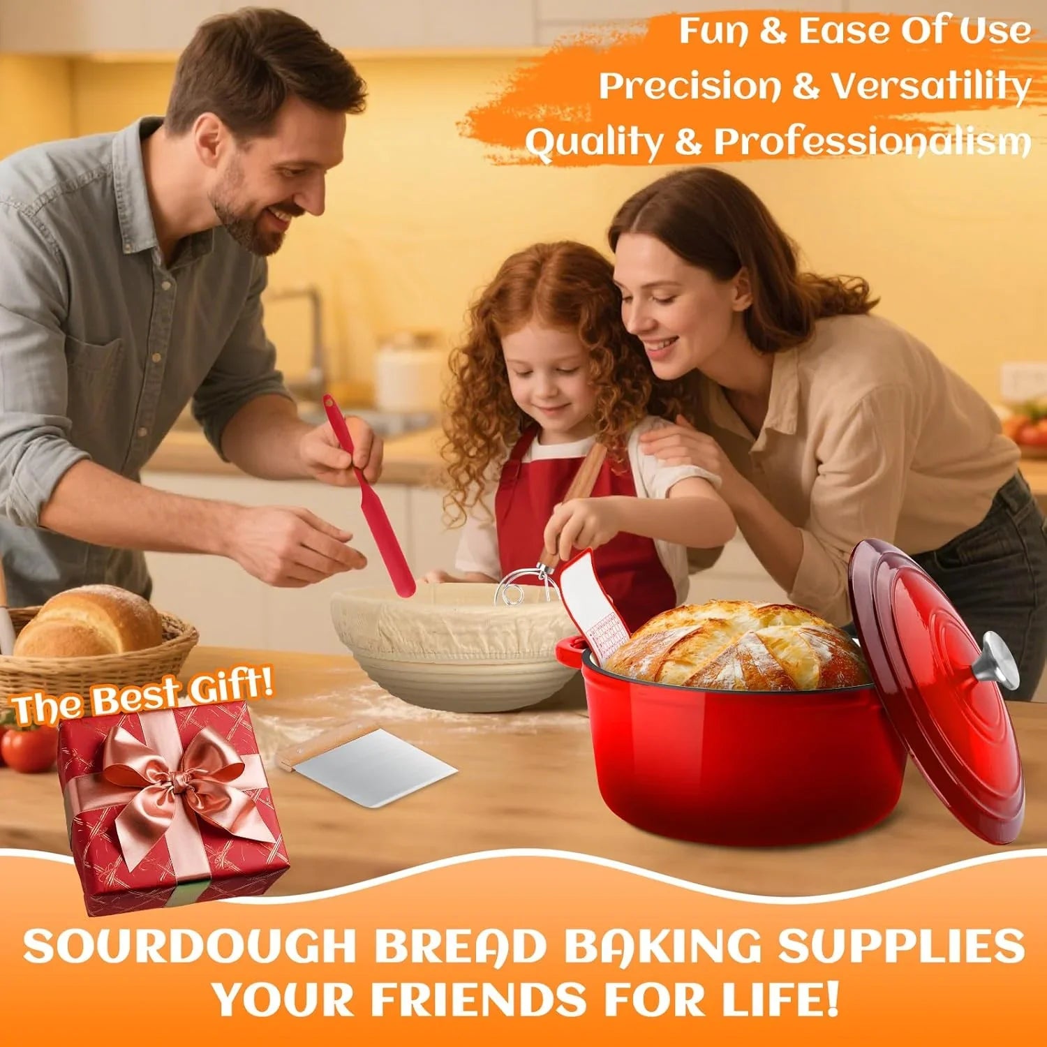 Family baking sourdough bread with red Dutch oven, mixing bowl, and kitchen baking tools.