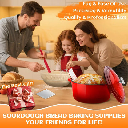 Family baking sourdough bread with red Dutch oven, mixing bowl, and kitchen baking tools.