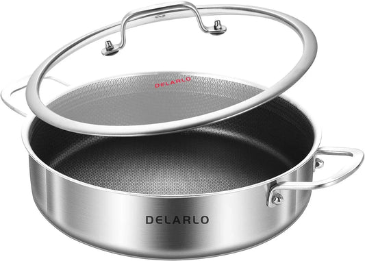 Frying Pan,12 Inch Skillet with Lid,Tri-Ply Stainless Steel Saute Pan 6Qt,Dishwasher-Friendly,Stay-Cool Handles,Oven-Safe up to 660℉