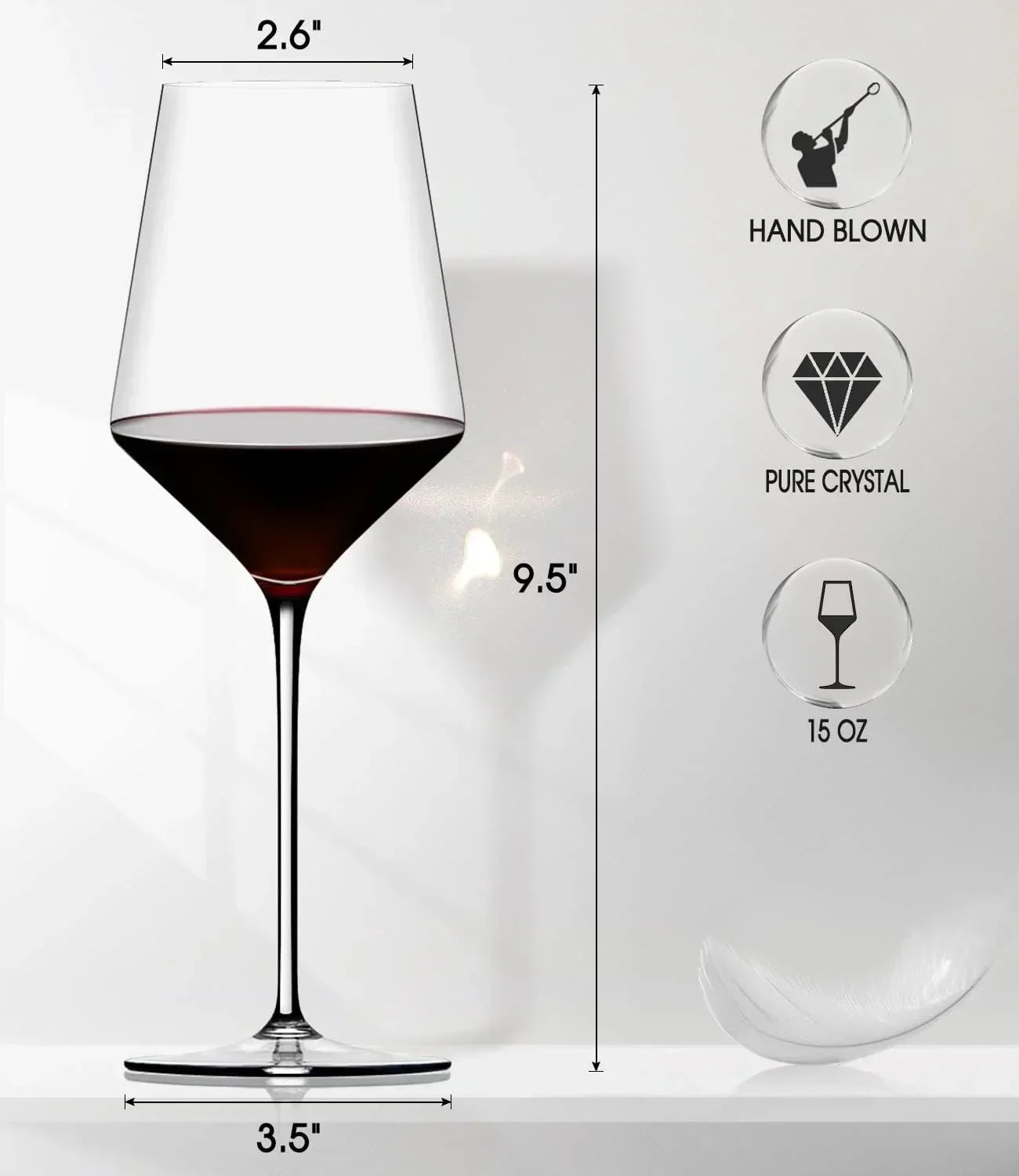 Hand-blown pure crystal wine glass, 9.5" tall, 15 oz capacity, elegant stemware for dining and entertaining