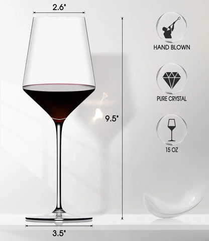 Hand-blown pure crystal wine glass, 9.5" tall, 15 oz capacity, elegant stemware for dining and entertaining