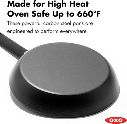 Obsidian Pre-Seasoned Carbon Steel, 10" Frying Pan Skillet with Removable Silicone Handle Holder, Induction, Oven Safe, Black