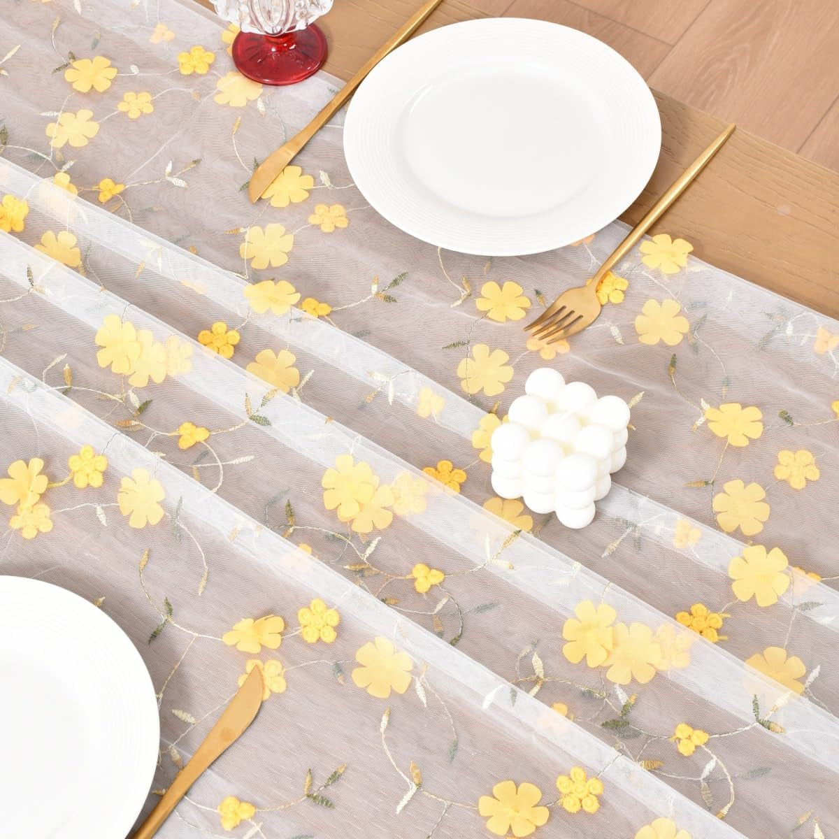 Yellow Embroidery Floral Easter Table Runner 10FT Seasonal Rustic Tulle Table Runner for Spring Summer Wedding Party Decoration Baby Shower DIY Craft