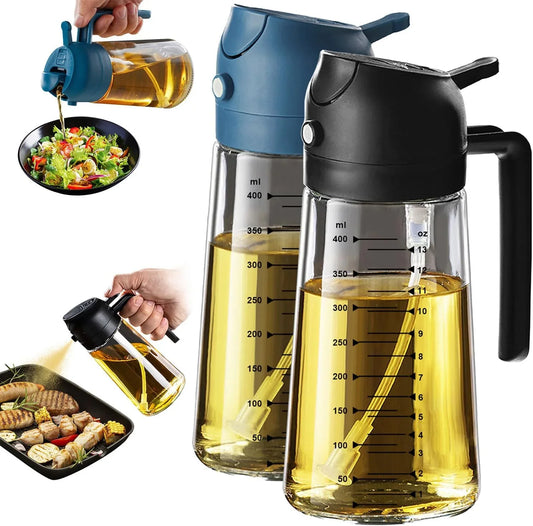 16Oz/470Ml Glass Olive Oil Sprayer for Cooking – 2 in 1 Olive Oil Dispenser Bottle for Kitchen Gadgets and Air Fryer Accessories, Salad, BBQ - Black & Navy