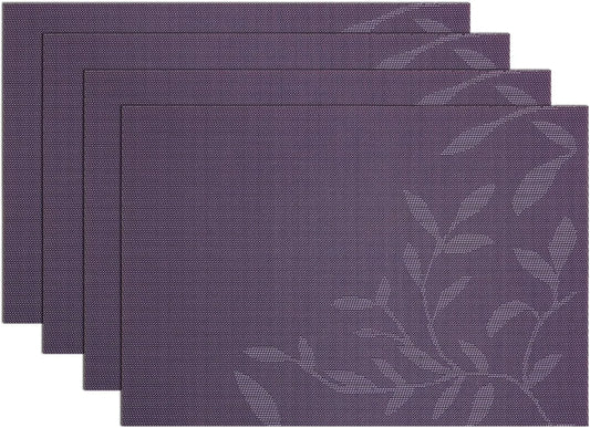 Woven Vinyl Placemats Set of 4 Purple Leaf Pattern Place Mats Wipe Clean Durable PVC Heat Resistant Table Mats (4, Leaf Purple)