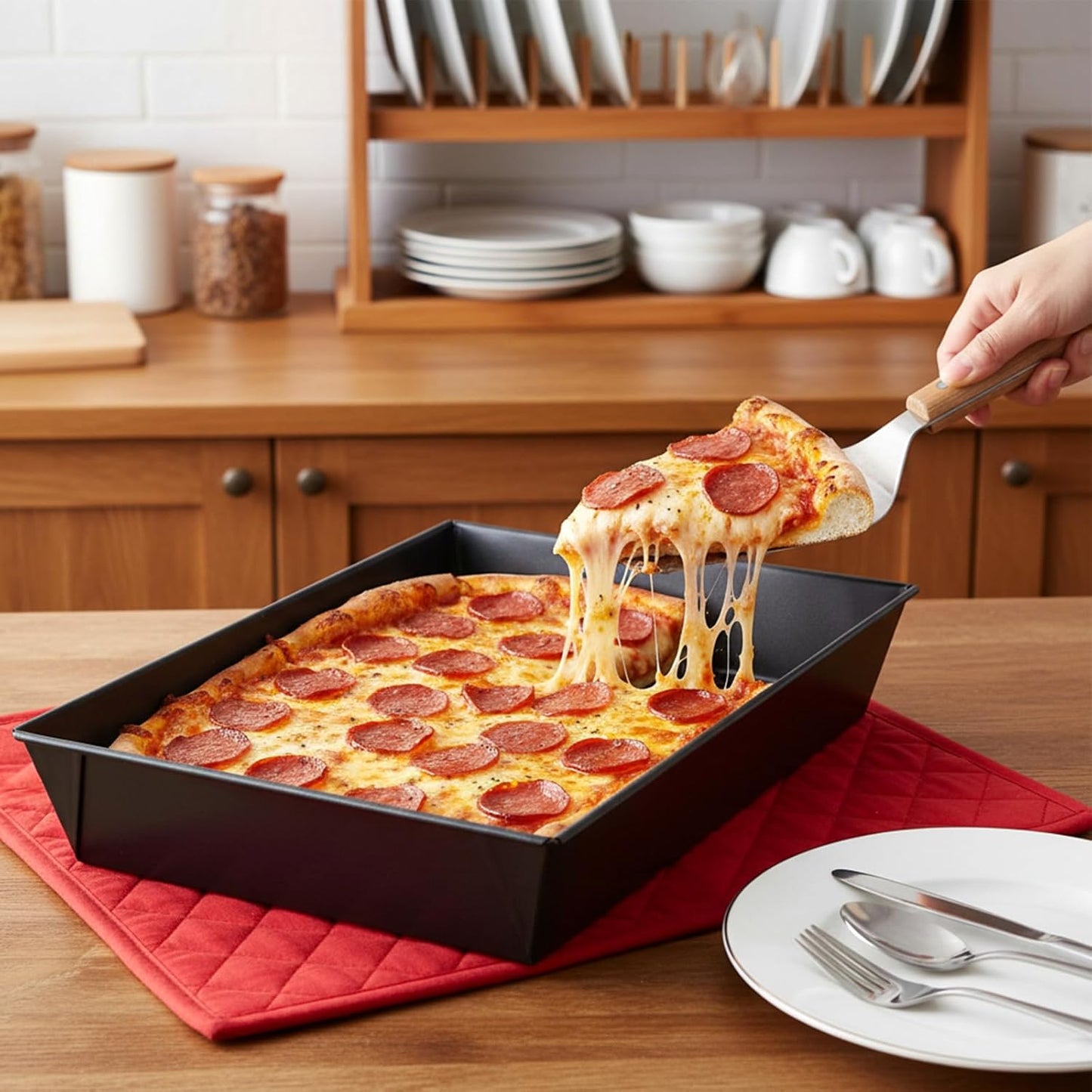 3 Pack Detroit Style Pizza Pan 15.7 X 9 Inch Non-Stick Rectangle Deep Dish Pizza Pans Heat-Resistant BPA Free, Pre Seasoned Carbon Steel Detroit Pizza Pan Dish Bake Ware Kitchenware