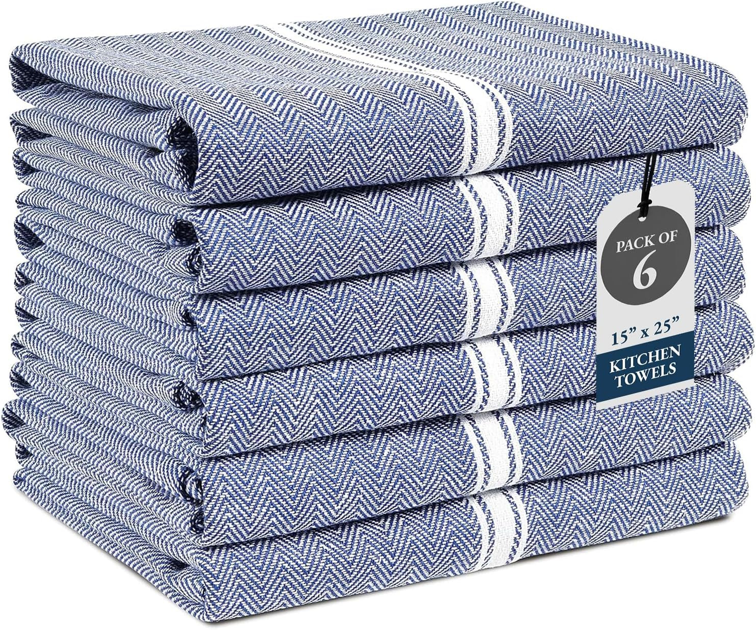 Kitchen Towel Set, 6 Pack 100% Cotton Hand Towels for Kitchen, Dish Towels for Drying Dishes, Lint Free, 14"X25", Good for Cleaning Windows, Ceramic Surface, Glass Stovetops - Blue Chambray