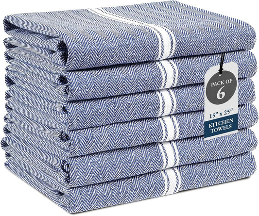 Kitchen Towel Set, 6 Pack 100% Cotton Hand Towels for Kitchen, Dish Towels for Drying Dishes, Lint Free, 14"X25", Good for Cleaning Windows, Ceramic Surface, Glass Stovetops - Blue Chambray