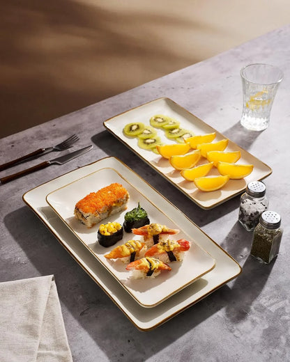 Serving Platter, Rectangular 15.67/14.1/12.6Inch Serving Dishes for Entertaining, Microwave Dishwasher Safe, Stoneware Serving Trays for Party, Turkey, Cheese, Ocean Series, Vanilla White