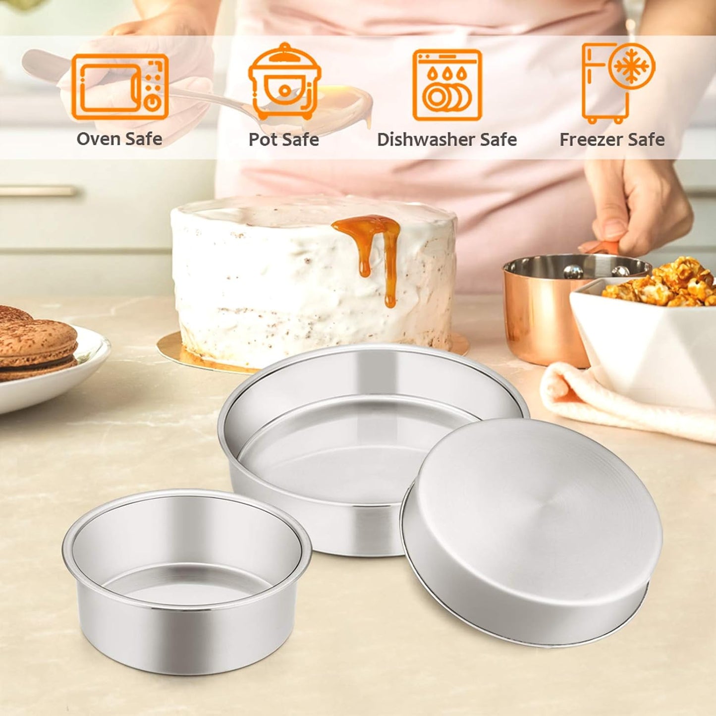 Cake Pan Set of 3 (4 Inch/6 Inch/8 Inch), Stainless Steel Small round Layer Cake Baking Pans, Perfect for Tier Smash Cake, Non-Toxic & Healthy, Mirror Finish & Dishwasher Safe