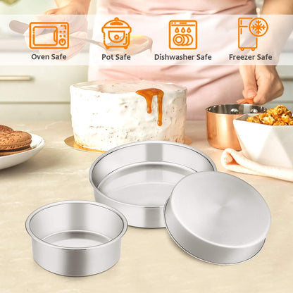 Cake Pan Set of 3 (4 Inch/6 Inch/8 Inch), Stainless Steel Small round Layer Cake Baking Pans, Perfect for Tier Smash Cake, Non-Toxic & Healthy, Mirror Finish & Dishwasher Safe