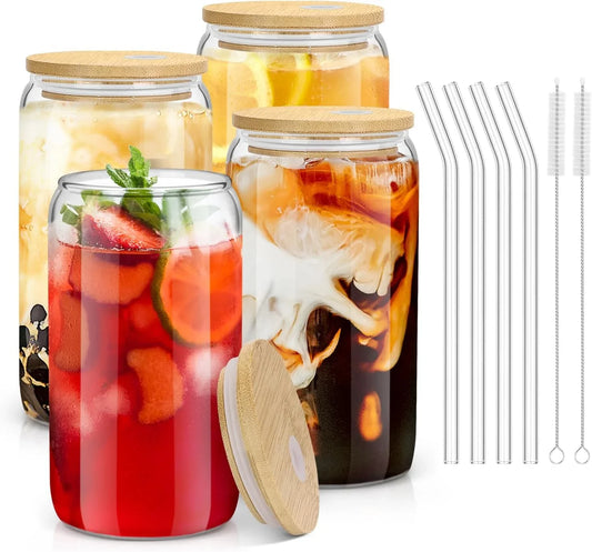 4PCS Glass Cups with Bamboo Lids and Straws, 16OZ Ice Coffee Cup, Drinking Cup Set with Wooden Lids, Home Essential Glass Tumblers for Beer, Cocktail, Tea and Latte Clear