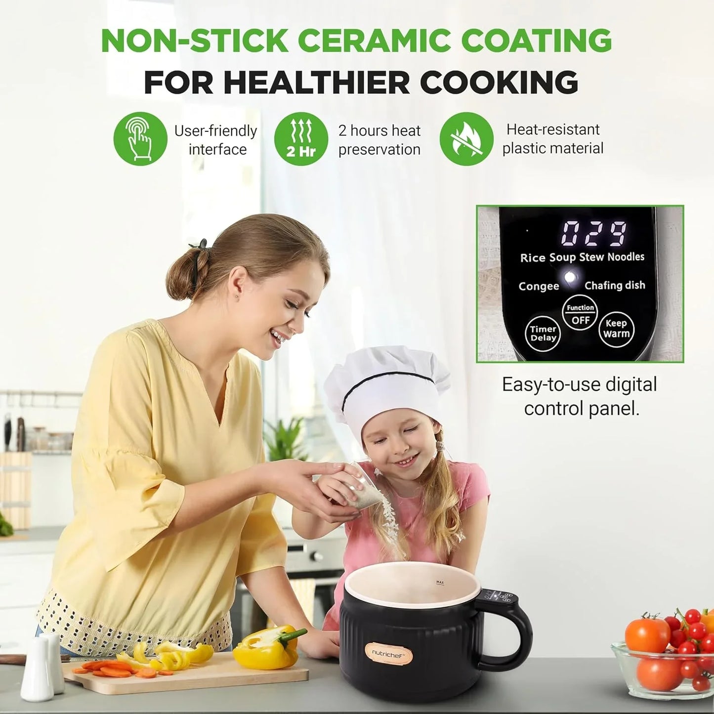 1.6 QT Portable Electric Rice Cooker & Lunch Maker | Multi-Functional & Non-Stick Ceramic Coating | Digital Control Panel | 6 Cook Functions: Rice, Soup, Stew, Porridge & More | Black