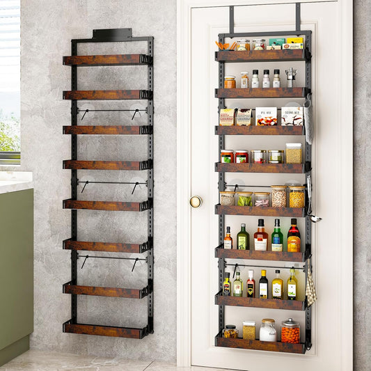 over the Door Pantry Organizer, 8-Tier Adjustable Wooden Basket Kitchen Pantry Door Organization and Storage, 2 in 1 Wall Mount or Hanging Heavy-Duty Metal Hanging Kitchen Spice Rack, 1 Pack