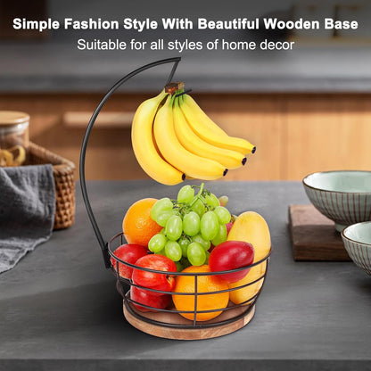 Countertop Fruit Basket Bowl with Banana Hanger, Modern Standing Fruit Vegetable Bowl Storage, with Banana Tree Holder for Kitchen Dinning Table (Round Wood, Black)