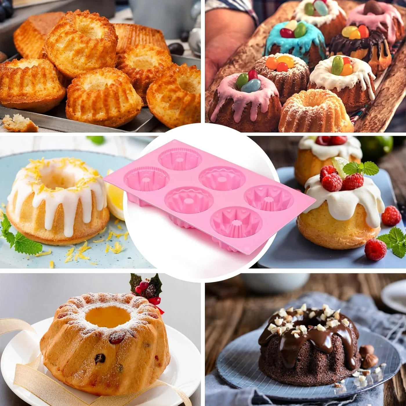 2 Pcs Mini Fluted Cake Pan, 6-Cavity Fluted Tube Cake Pan, Non-Stick Silicone Baking Mold for Cupcakes, Donuts, Cornbread, Brownies, Jellies