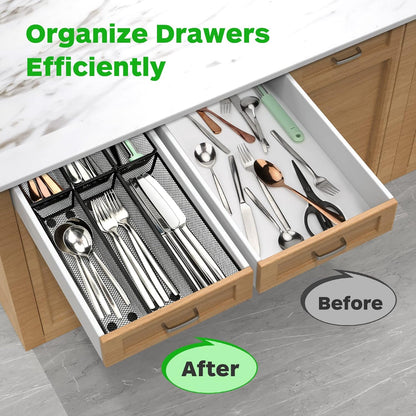 Silverware Drawer Organizer, Silverware Organizer for Drawer, 6 Pack Utensil Organizer for Kitchen Drawers, Kitchen Drawer Organizer for Large Utensils with Interlocking Arm (9.6 * 3 * 2 Inch)