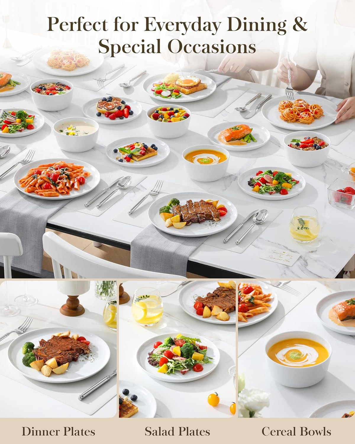 24 Pieces Gourmet Porcelain Dinnerware Sets, Premium Plates and Bowls Set, High-Fired Ceramic Dishes Set for 8, Chip & Scratch Resistant, Microwave Dishwasher Safe, White, Series LEXI