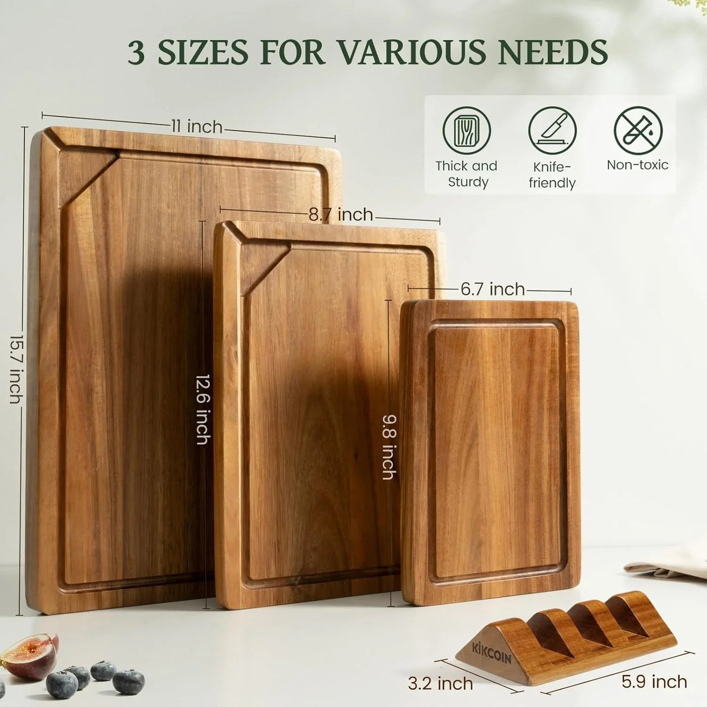 Wood Cutting Boards for Kitchen, 3 PCS Wooden Cutting Board Set with Holder, Chopping Board with Built-In Compartments and Juice Groove, Solid Charcuterie Board Serving Tray Wood Butcher Block