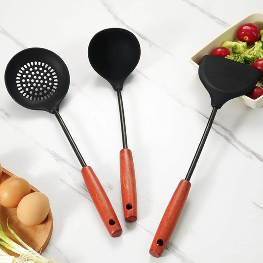 Wok Tools, Wok Utensil,Wok Spatula,Ladle,Skimmer Tool Set,Non Stick Heat-Resistant Silicone Cooking Utensils BPA Free Kitchen Utensils Cookware, Pack of 3,Black