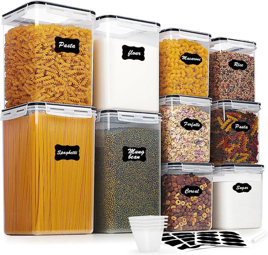 10 PCS Flour and Sugar Storage Container, Large Airtight Food Canisters with Lids for Kitchen, Pantry Organization, BPA Free, Black