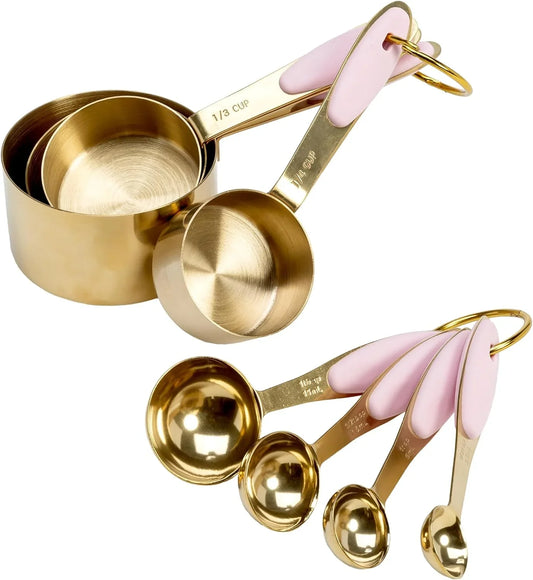 Measuring Cups and Spoons Set, Stainless Steel with Pink Silicone Inset Handle, Dishwasher Safe, for Dry and Liquid Ingredients, 8-Piece Set, Gold and Pink