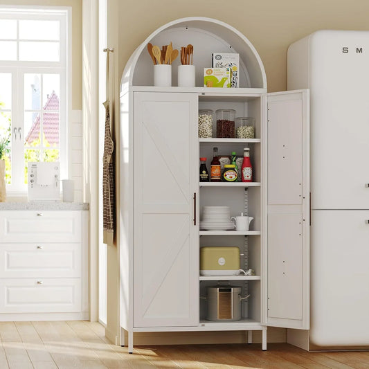 Metal Arched Pantry Cabinet with 6 Adjustable Shelves,Tall Arched Cabinet with 2 Doors for Kitchen, Home,Required Assembly,White,72.8" H X 30.7" W X 15.4" D.