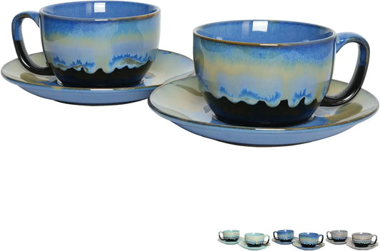 Ceramic Cappuccino Cup and Saucer Set of 2, 10 Oz, Dishwasher and Microwave Safe, Coffee Cups for Latte, Espresso, Tea, Reavtive Glaze (Blue, 10 Oz)