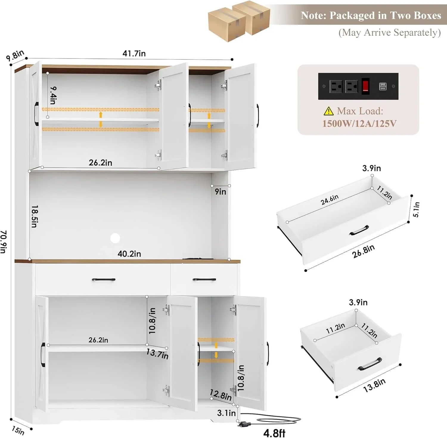 71" Pantry Cabinet with Charging Station, Tall Kitchen Pantry Storage Cabinet with Microwave Stand, Farmhouse Kitchen Hutch with Storage Drawers for Living Room, Dining Room, White