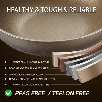 13 Inch Titanium Wok Pan with Lid - Non Stick Frying Pan, Extended Cool-Touch Handle, PFAS/PFOA/PTFE Free Flat Bottom Wok, Dishwasher Safe, Works on All Stovetops Including Induction
