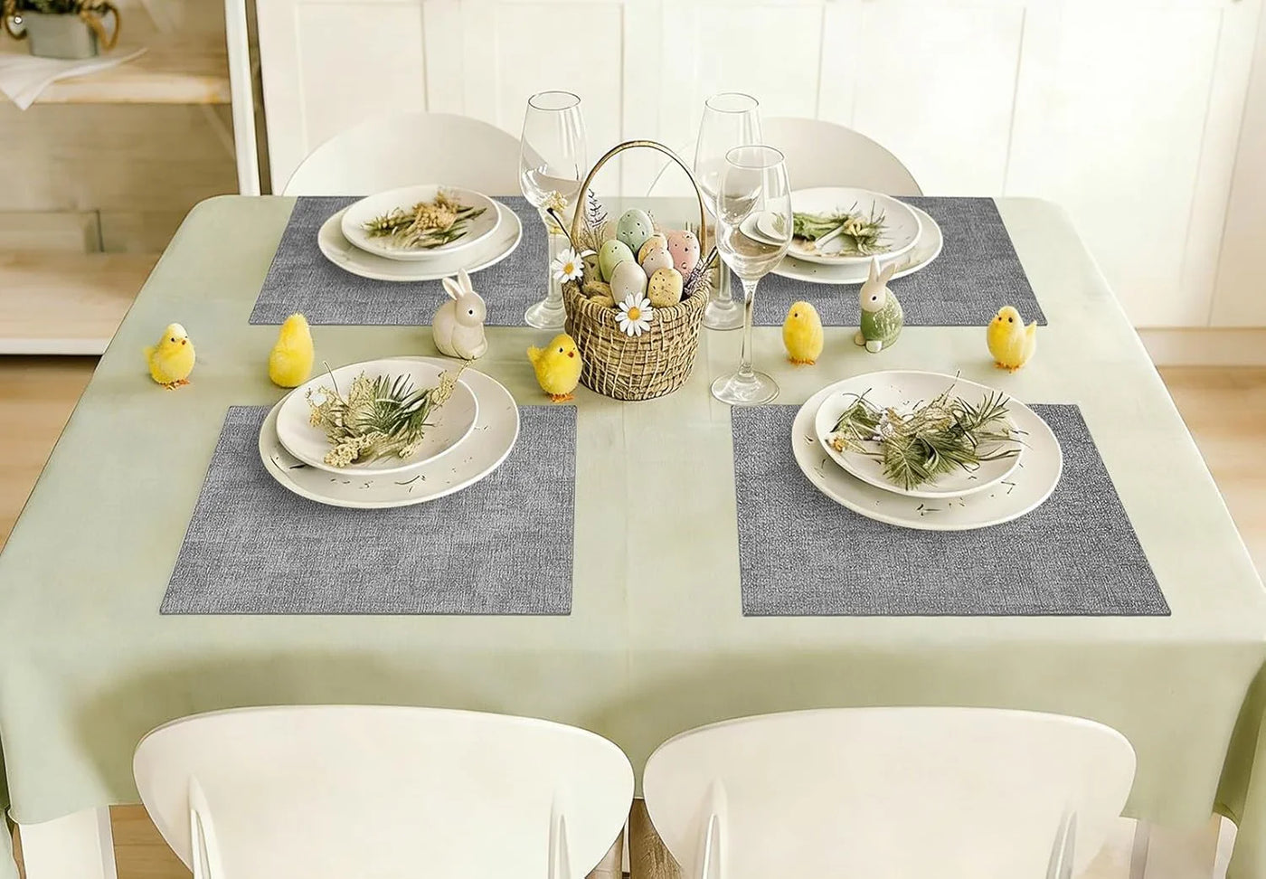 Faux Leather Heat Resistant Placemats 6 Packs, Waterproof Wipeable Dining PU Place Mats for Indoor & Outdoor, Easy to Clean, Light Grey