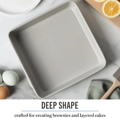 Gallen 9 Inch Square Nonstick Carbon Steel Cake Pan – Cool Grey, Durable Bakeware for Even Baking and Easy Release