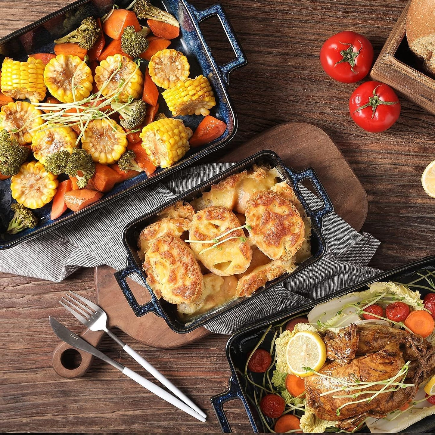 Ceramic Bakeware Set, Porcelain Rectangular Lasagna Pans Casserole Dish Set for Baking, Cooking, Kitchen, Cake Dinner, Banquet and Daily Use, 3 PCS, 15 X 8.5 Inches(Blue)